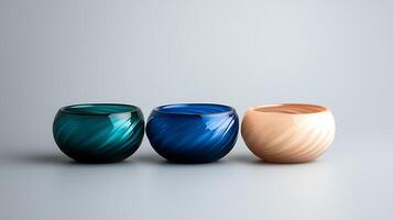 Three elegantly crafted bowls in varying colors arranged on a soft gradient background photo