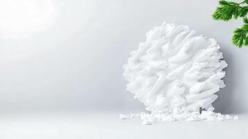 Crumpled white paper ball resting on a minimalist surface with a green pine branch nearby photo