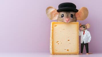 A charming mouse in a top hat stands beside a large cheese block on a pastel background photo