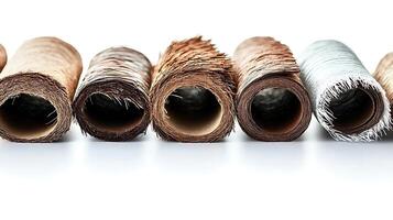 Close-up view of various textured rolls of fabric showcasing natural fibers, arranged neatly photo