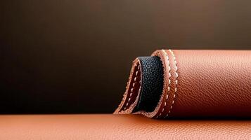 Close-up of rolled leather material showcasing texture and stitching against a dark background photo