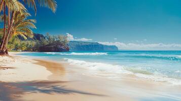 Serene beach scene with gentle waves, palm trees, and distant cliffs under a clear blue sky photo