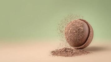 Chocolate sphere with cocoa powder scattering on a soft pastel background, creating an inviting scene photo