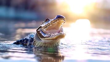 A crocodile with its mouth wide open emerging from water during a vibrant sunset photo