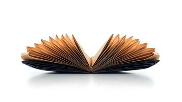 Open book with pages fanned out, showcasing textured edges against a white background photo
