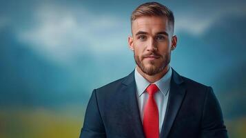 Professional man in suit with red tie poses confidently against a blurred mountain backdrop photo
