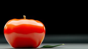 A vibrant red apple with a green leaf, set against a dark background, highlighting freshness photo