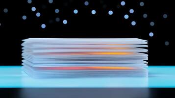 Stacked papers with a vibrant glow against a blurred, sparkling background at night photo