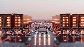 Close-up view of a futuristic circuit board with illuminated components against a sunset backdrop photo