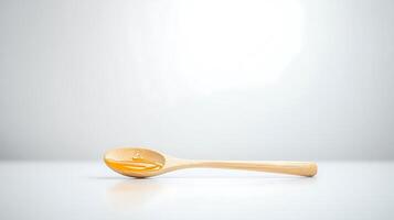 Wooden spoon with honey drizzling on a clean surface, minimalistic background, ideal for culinary use photo