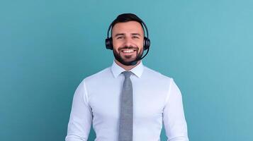 Smiling man in headset providing customer support against a teal background, engaging with clients photo