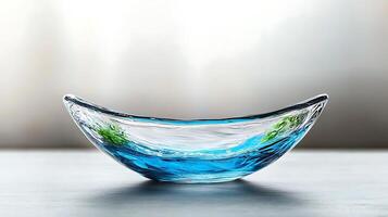 Elegant glass bowl with blue and green accents, reflecting light against a soft background photo