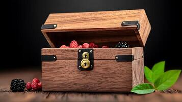 Wooden treasure chest overflowing with fresh raspberries and blackberries, set on a rustic table photo