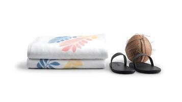 Relaxing beach scene with a folded towel, flip-flops, and a coconut on a white background photo
