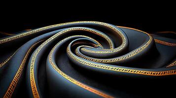 Close-up view of a swirling fabric with intricate golden patterns against a black background photo