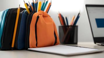 Colorful stationery and a notebook on a desk with a laptop in the background photo