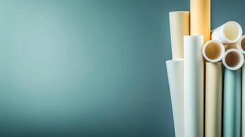 Stacks of colorful paper rolls arranged artistically against a soft gradient background photo