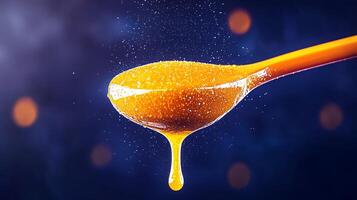 Close-up of golden honey dripping from a spoon against a dark, blurred background with bokeh lights photo