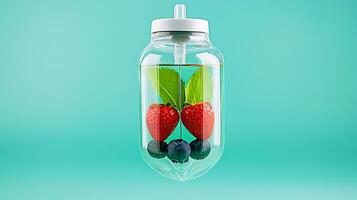 Refreshing fruit-infused water in a clear bottle with strawberries and blueberries on a vibrant background photo