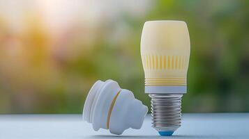 Close-up of a modern LED light bulb on a wooden surface with a blurred natural background photo