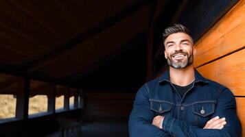 Smiling man in denim jacket stands confidently in a rustic wooden cabin interior photo