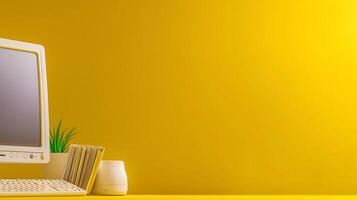 Vintage computer setup on a bright yellow desk with a plant and modern speaker in the background photo