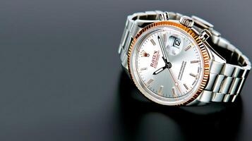 Close-up of a luxury watch with a silver and gold band, showcasing its intricate design and features photo