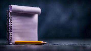 A close-up view of a spiral notebook and a yellow pencil on a textured surface in low light photo