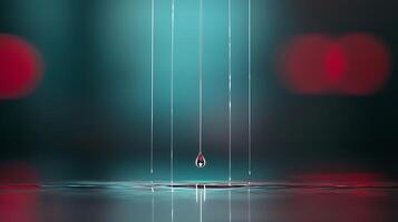 Close-up of water droplets falling into a tranquil pool, with colorful bokeh in the background photo