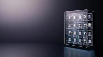 Transparent display case showcasing collectible figurines with soft lighting and a dark background photo