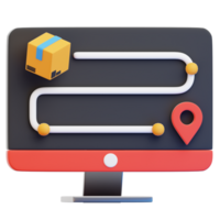Delivery Route Visualization, a 3D rendered illustration depicts a parcels delivery route on a computer screen, symbolizing online order tracking and logistics with a pin point marker png