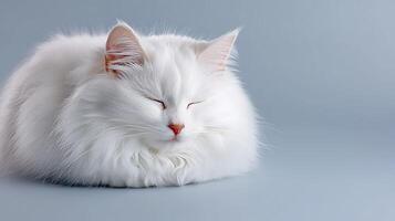 A serene white cat peacefully sleeping on a soft blue surface, creating a calm atmosphere photo