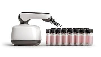Robotic arm dispensing liquid into vials on a clean white background, showcasing automation in action photo