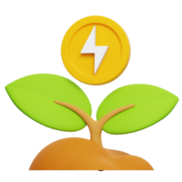 Growing Green Energy, 3D Render of a plant sprout with a gold coin featuring a lightning bolt symbol, representing sustainable energy growth and investment png