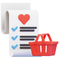 Shopping Wishlist Icon, A vibrant, three-dimensional illustration of a shopping list and a shopping basket, the list marked with heart symbol png