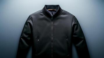 Sleek black bomber jacket displayed on a minimalist background, emphasizing modern fashion design photo