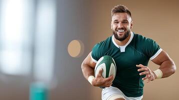 Smiling rugby player sprinting with a ball in a training session, blurred background highlights action photo