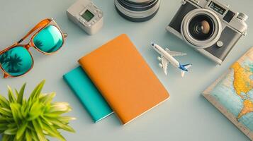 Travel essentials arranged on a table, featuring cameras, notebooks, and a globe photo