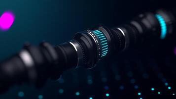 Close-up view of camera lens components with blue lighting on a dark background, showcasing technology photo