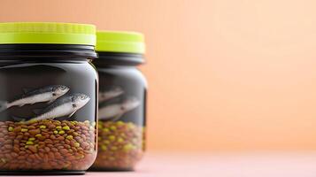 Two jars filled with fish and colorful food pellets against a soft pastel background photo