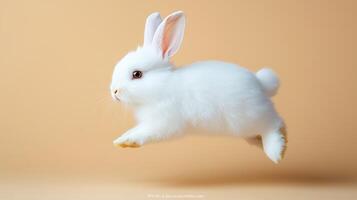 A fluffy white rabbit gracefully leaps against a soft beige background, capturing playful energy photo