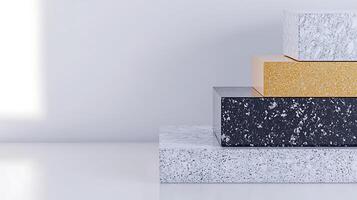 Stacked geometric blocks in varying colors and textures against a minimalist background photo