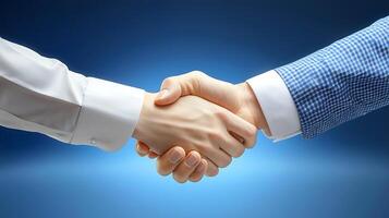 Two business professionals shaking hands in a professional setting with a blue gradient background photo