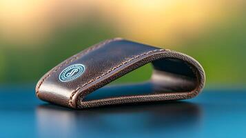 Close-up of a sleek leather clip on a table, with a blurred natural background enhancing focus photo