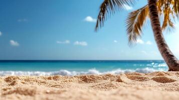 Tranquil beach scene with soft sand, gentle waves, and a palm tree under a clear blue sky photo