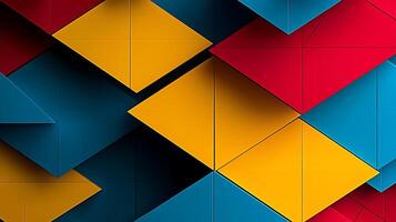 Vibrant geometric pattern of interlocking red, blue, and yellow shapes creating depth and texture photo
