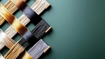 Close-up of intricately woven metallic threads forming a textured pattern on a green background photo