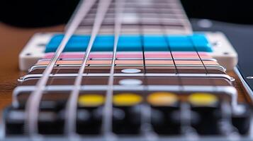 Close-up view of a guitar neck showcasing colorful frets and strings against a dark background photo