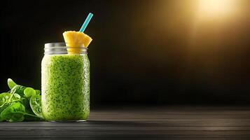 Refreshing green smoothie in a jar with pineapple garnish on a wooden table against a dark background photo