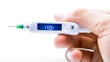 Close-up of a hand holding a digital thermometer displaying a temperature reading against a bright background photo